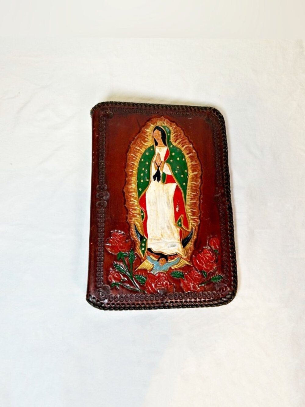 Vintage Our Lady of Guadalupe Hand Tooled Painted Leather Bible Book Cover
